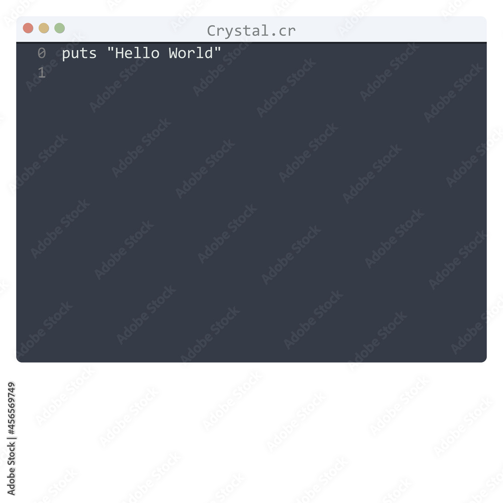 Crystal language Hello World program sample in editor window Crystal language Hello World program sample in editor window
