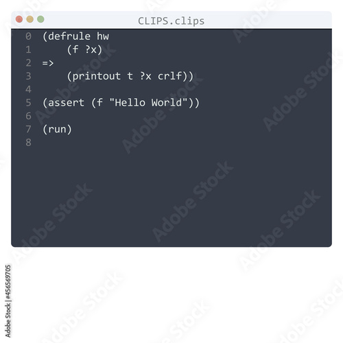 CLIPS language Hello World program sample in editor window
