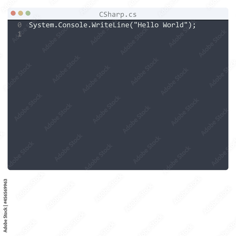 CSharp language Hello World program sample in editor window CSharp language Hello World program sample in editor window