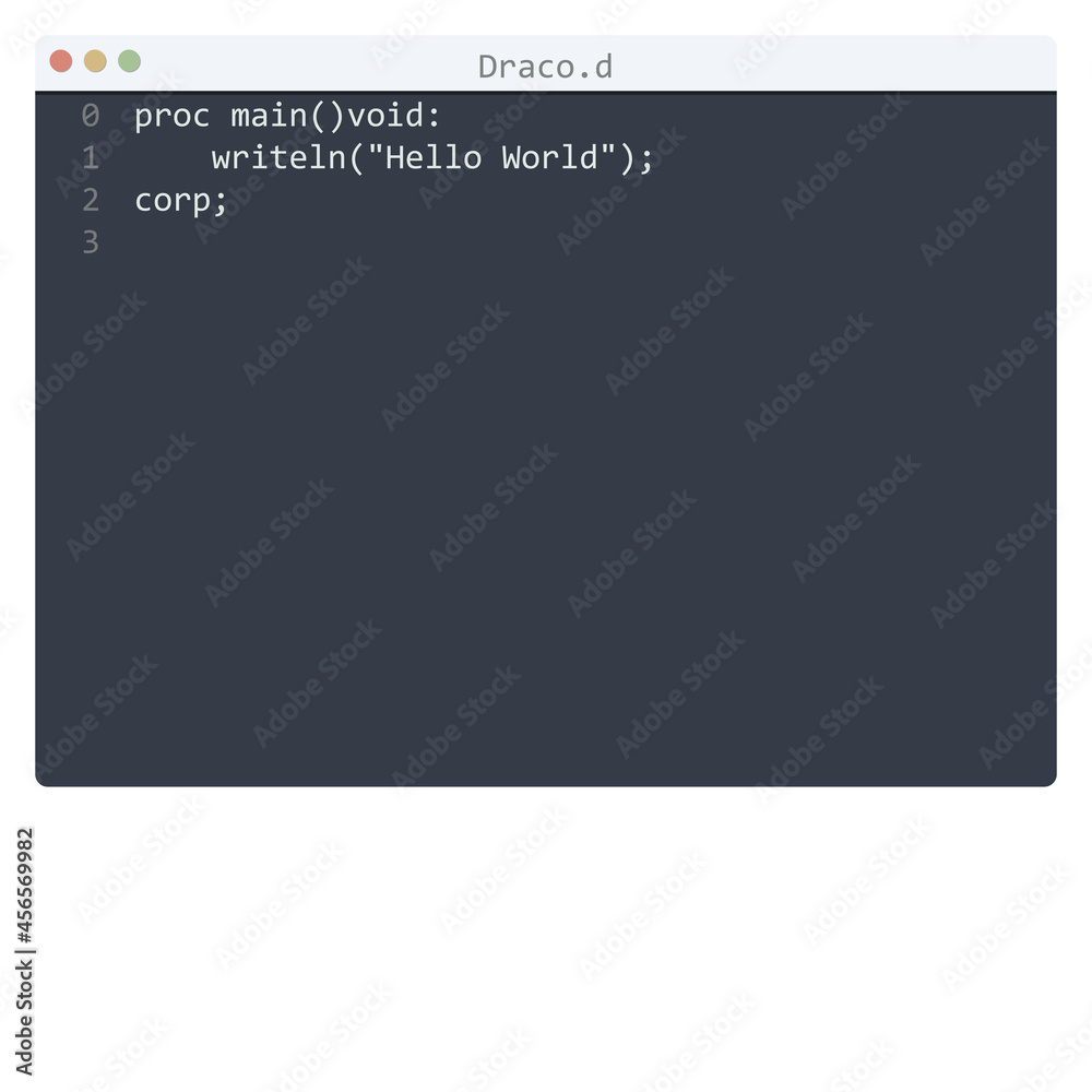 Draco language Hello World program sample in editor window