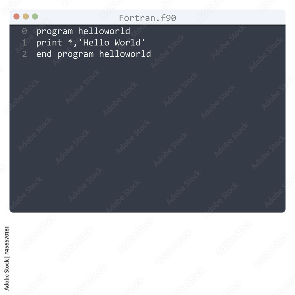 Naklejka premium Fortran language Hello World program sample in editor window