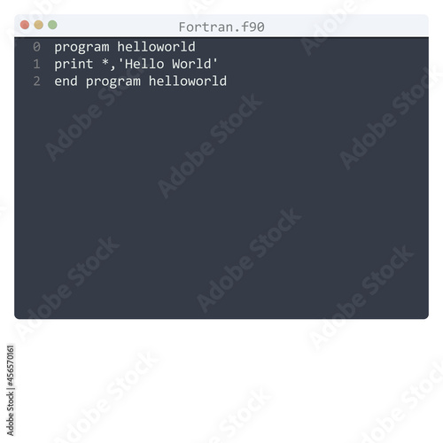 Fortran language Hello World program sample in editor window
