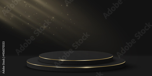 Minimalistic luxurious podium with light effect for show your product. 3d cylinder on black background. Platform or scene. Mockup for fashion presentation. Vector