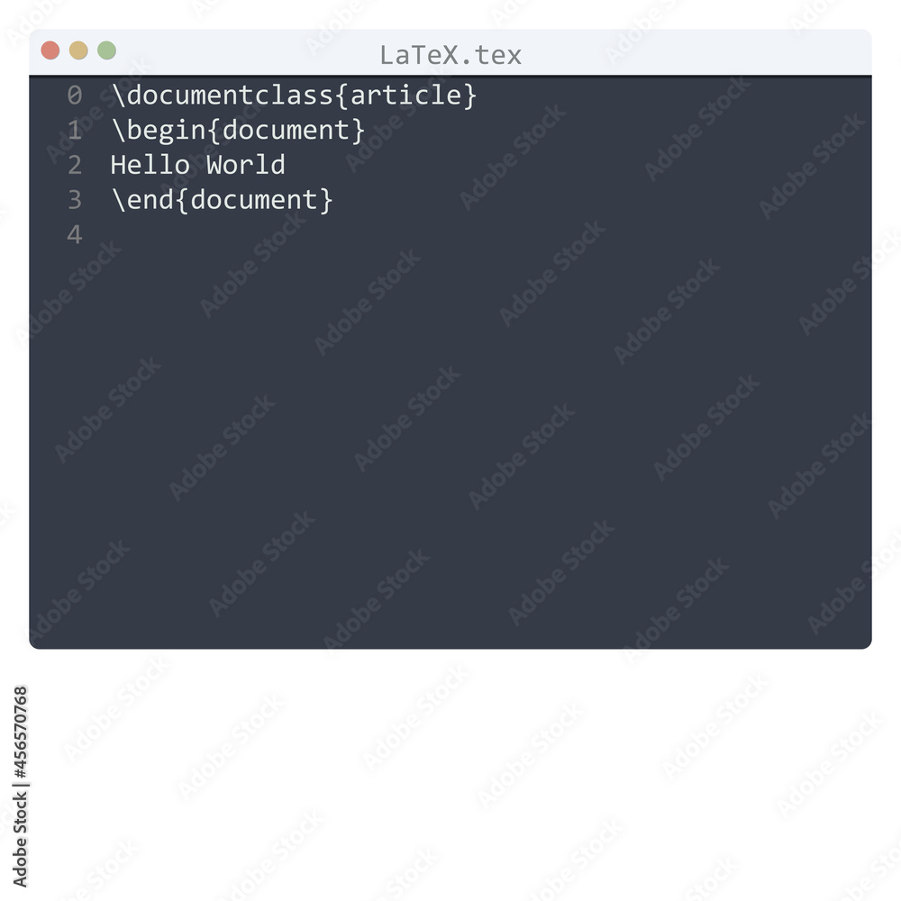 LaTeX language Hello World program sample in editor window