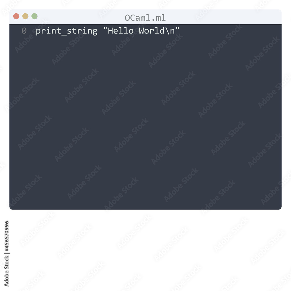 OCaml language Hello World program sample in editor window