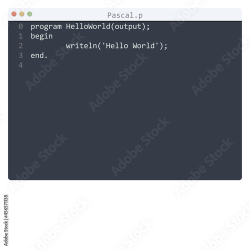 Pascal language Hello World program sample in editor window