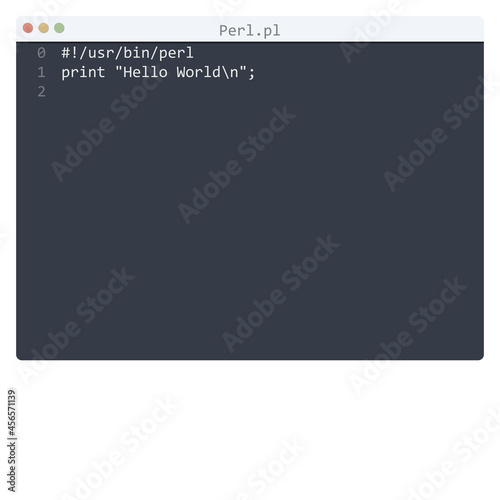 Perl language Hello World program sample in editor window
