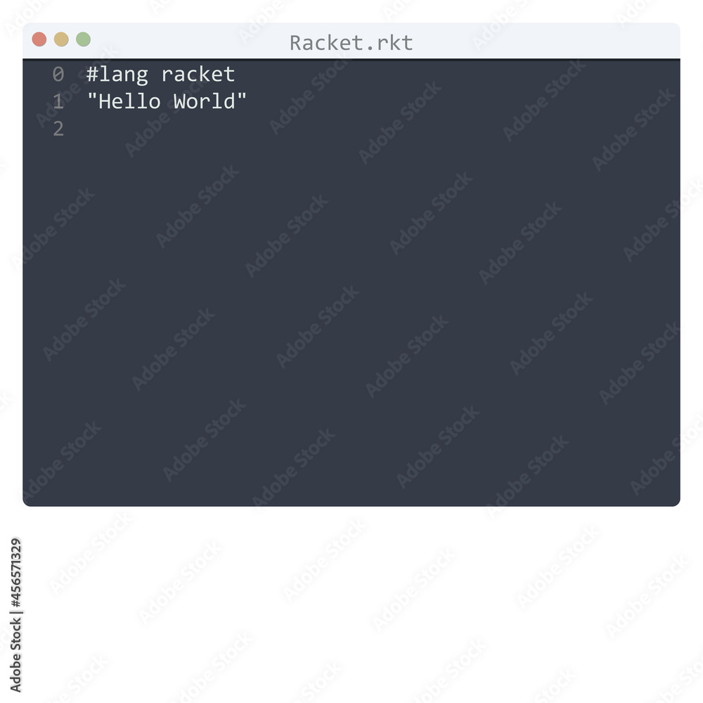 Racket language Hello World program sample in editor window