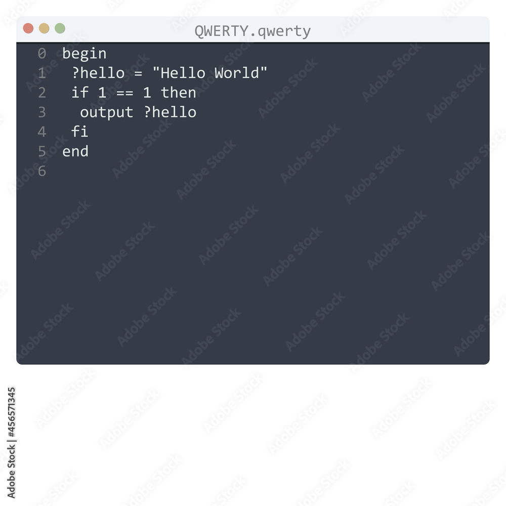 QWERTY language Hello World program sample in editor window