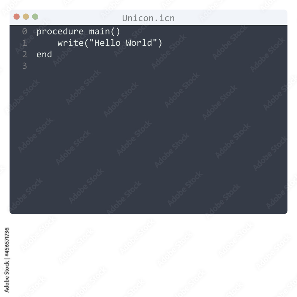 Unicon language Hello World program sample in editor window