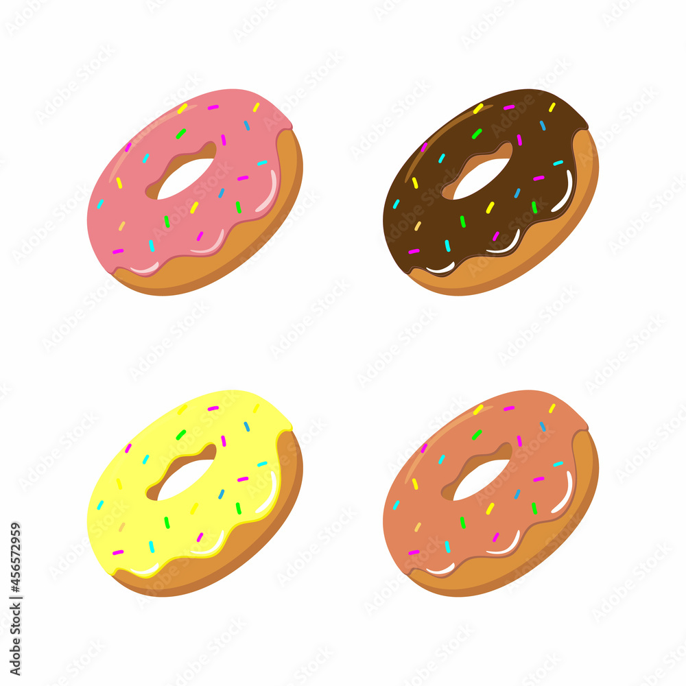 Set of four vector donuts with pink, yellow, white and chocolate glaze. Vector illustration.