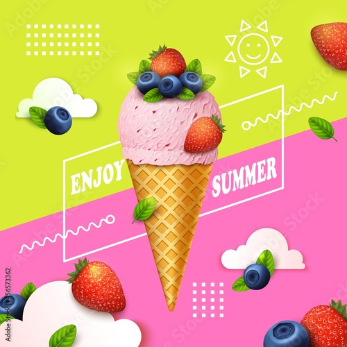 Realistic Detailed 3d Ice Cream Enjoy Summer Ads Banner Concept Poster Card. Vector illustration of Icecream with Blueberries and Strawberries
