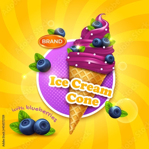 Realistic Detailed 3d Juicy Berries Ice Cream Cone Ads Banner Concept Poster Card. Vector illustration of Icecream