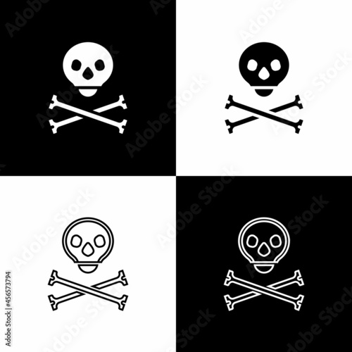 Set Skull on crossbones icon isolated on black and white background. Happy Halloween party. Vector