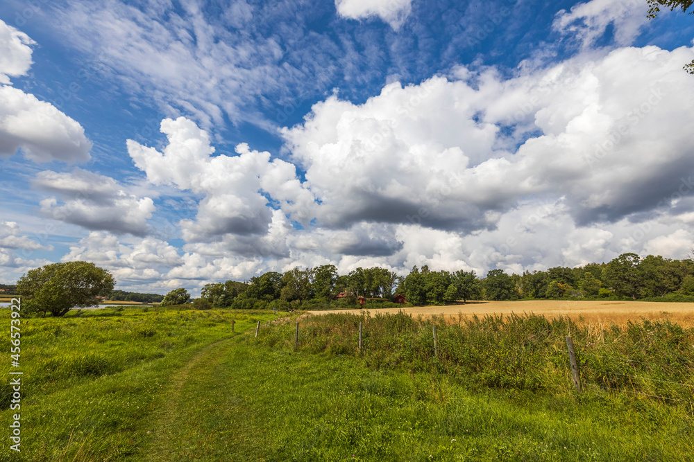 Amazing summer nature landscape view. Lake coast on blue sky with white clouds background. Sweden. Amazing summer nature landscape view. Lake coast on blue sky with white clouds background. Sweden.