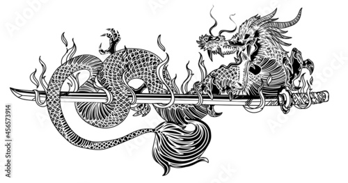 Tattoo art dargon and japanese sword hand drawing sketch black and white