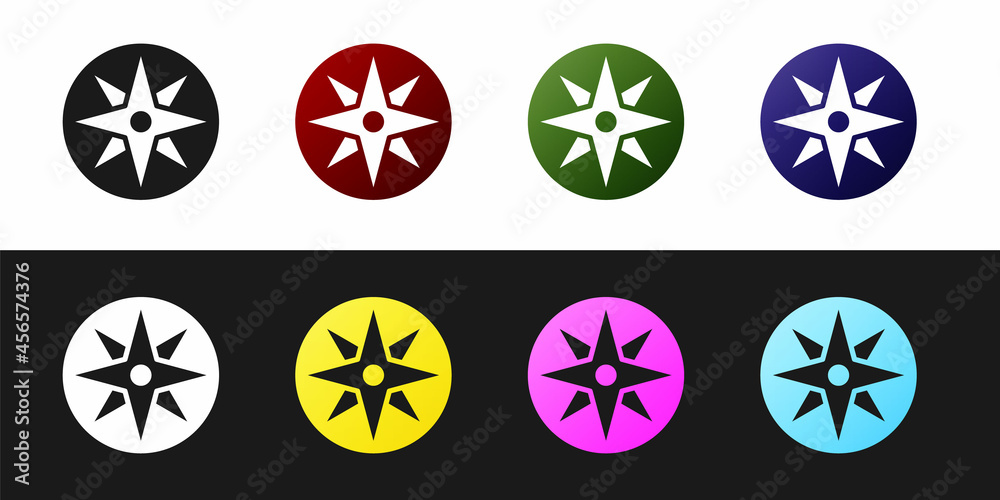 Set Wind rose icon isolated on black and white background. Compass icon for travel. Navigation design. Vector