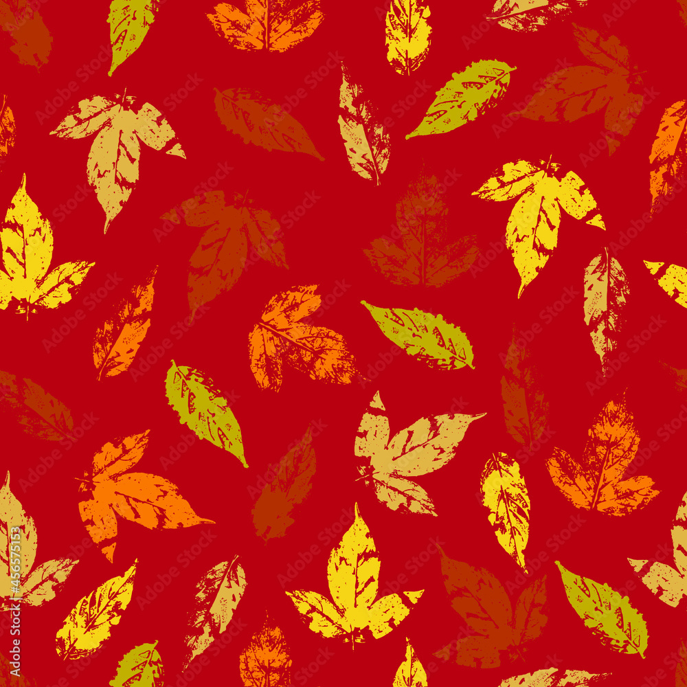 fallen autumn leaves vector seamless pattern stamps of natural leaves paint on paper. background for fabrics, prints, packaging and postcards