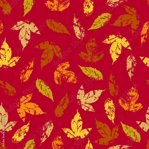 fallen autumn leaves vector seamless pattern stamps of natural leaves paint on paper. background for fabrics, prints, packaging and postcards