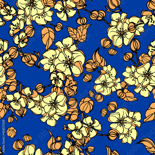 Yellow flowers pattern. Blue background  yellow and orange ornament of their flowers and leaves. The print is well suited for textiles  banners and Wallpapers. Vector