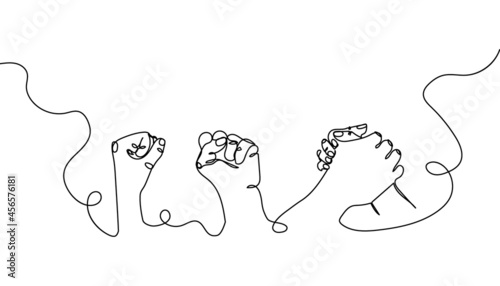 Hand gestures one line set art. Continuous line drawing of gesture, friendship, militancy, competition, victory.