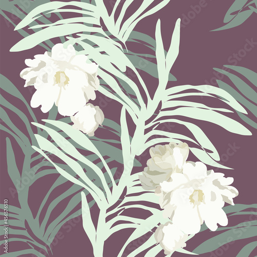 Seamless pattern with tropical leaves and flowers.