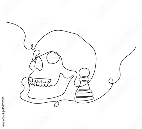 Human skull with chess pawn one line set art. Continuous line drawing of skeleton and chess piece.