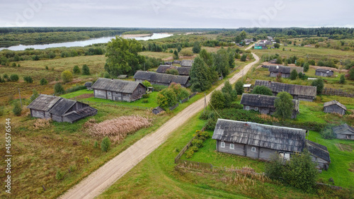 Arial view of a traditional old Russian village. Arkhangelsk region, Varamino village, Russia.