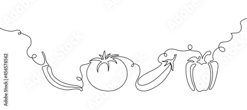 Vegetables one line set. Continuous line drawing of chili peppers, tomatoes, eggplant, bell peppers.