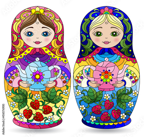 A set of illustrations in the style of stained glass with bright Russian dolls, toys isolated on a white background