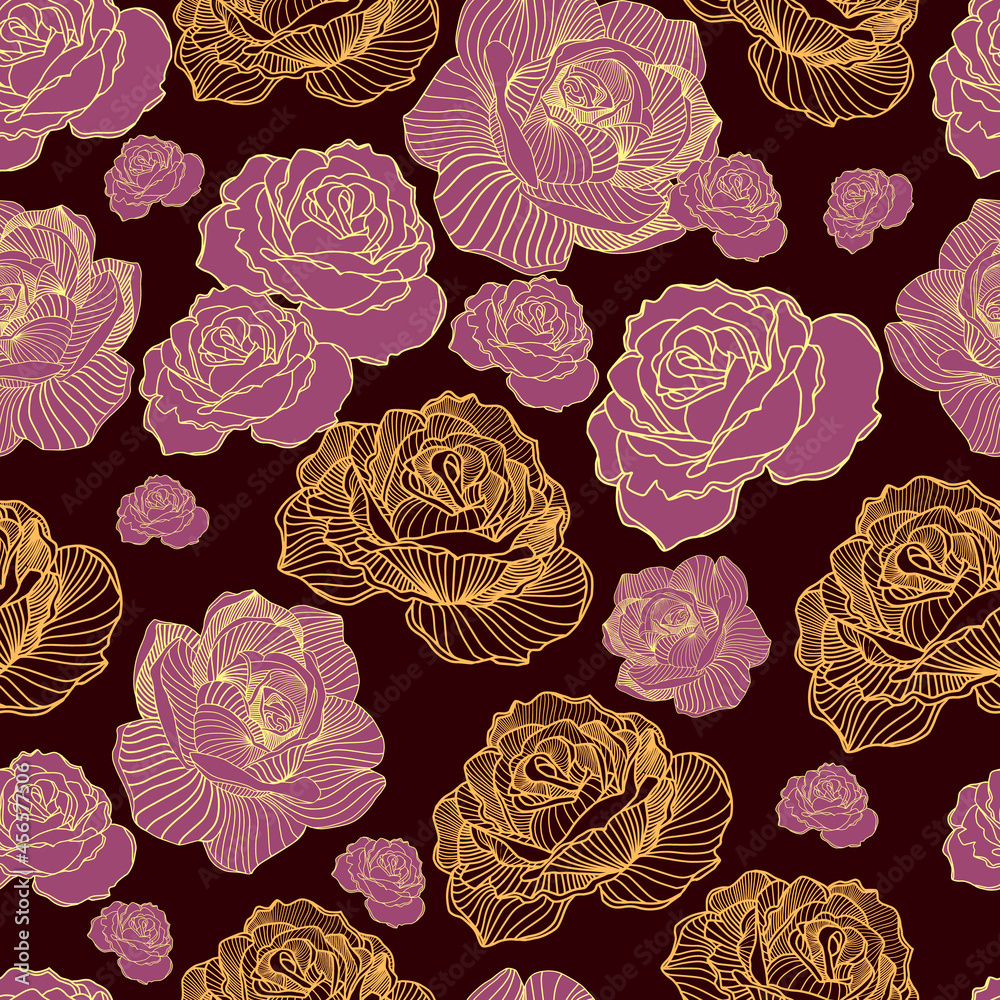 Abstract elegance seamless floral pattern. Beautiful flowers vector illustration texture with pink, gold roses on dark burgundy background