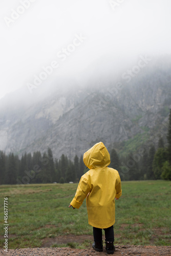 Rear view of female toddler wearing yellow raincoat in front of misty mountain, Yosemite National Park, California, USA