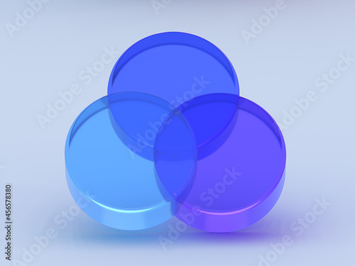 3D rendered venn diagram in blue colors. Illustration for technologies, analysis, or future designs. Visualization for data charts and concepts. photo