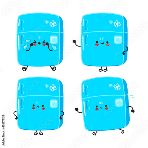 Funny cute happy fridge characters bundle set. Vector kawaii line cartoon style illustration. Cute fridge mascot character collection