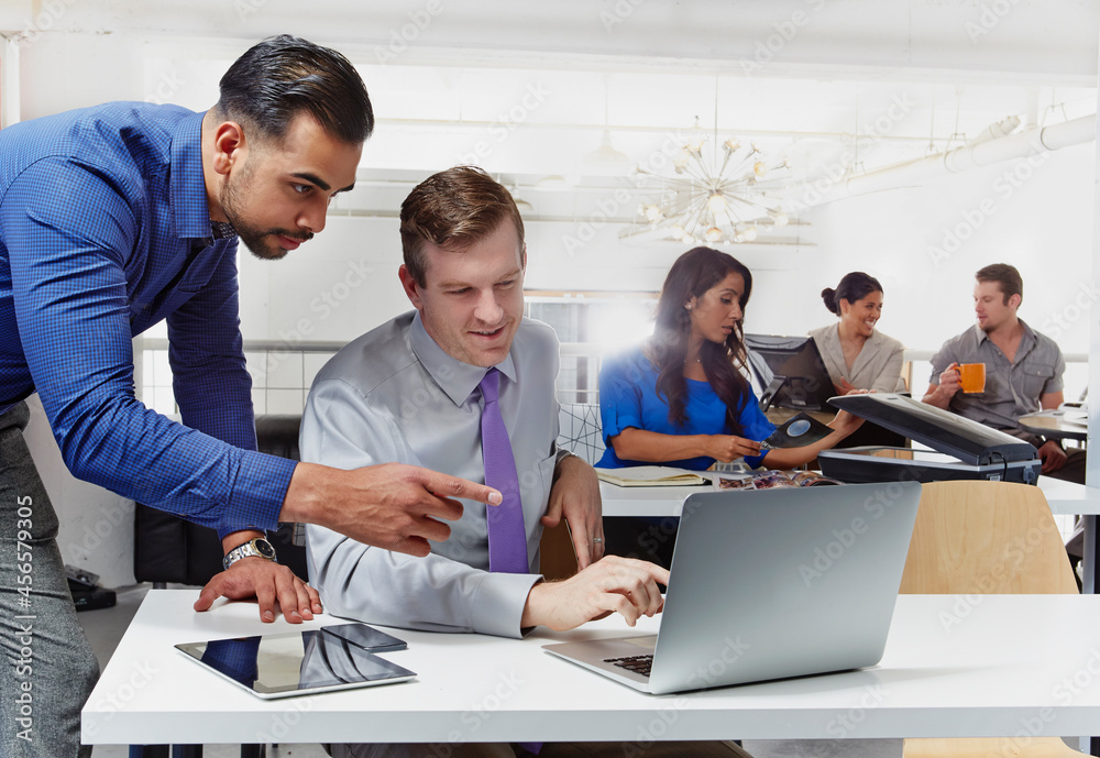 Two businessmen having discussion, looking at laptop, colleagues working in background