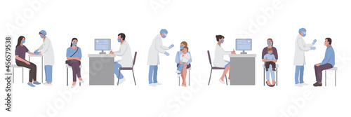 Groups doctors and patients set. Doctors appointment, taking blood tests and PCR © kronalux