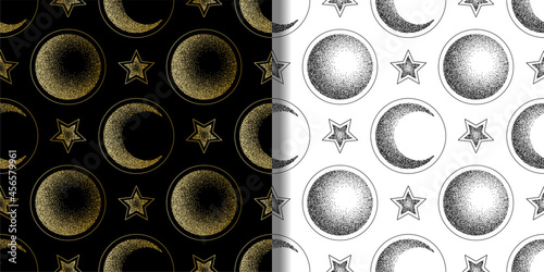 Moon, half moon and star seamless patterns set