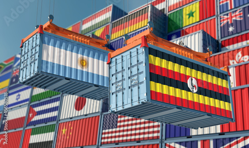 Freight containers with Argentina and Uganda national flags. 3D Rendering 