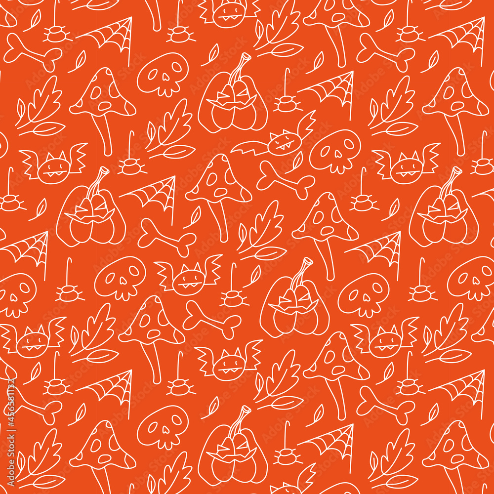 seamless pattern with doodle Halloween icons including mushroom, bat, bone, leaf, skull, jack o lantern, spiderweb, spider on orange background seamless pattern with doodle Halloween icons including mushroom, bat, bone, leaf, skull, jack o lantern, spiderweb, spider on orange background