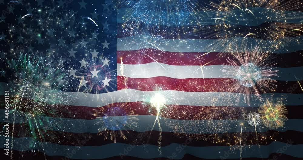 American flag waving with fireworks celebrating 4th of July. Independence, Memorial, Celebration, Fireworks concept. Seamless looping 4k