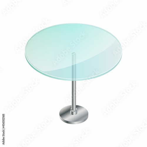 Isometric vector illustration empty glass table isolated on white background. Realistic transparent coffee table icon in flat cartoon style. Modern glass table with metal legs. Isometric furniture.