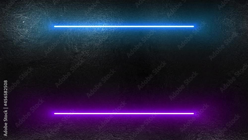 Two bright flashing neon lines of blue and purple on the old concrete wall, loopable stock video