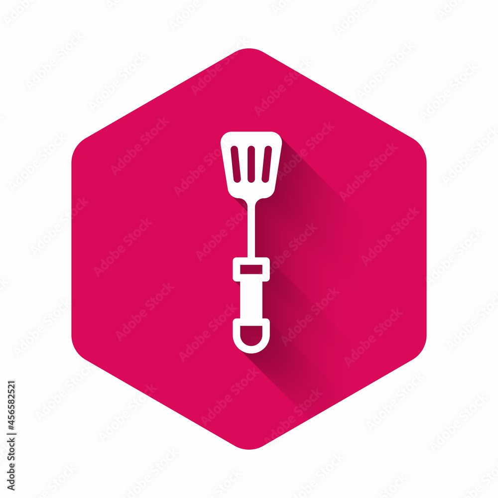 White Spatula icon isolated with long shadow background. Kitchen spatula icon. BBQ spatula sign. Barbecue and grill tool. Pink hexagon button. Vector White Spatula icon isolated with long shadow background. Kitchen spatula icon. BBQ spatula sign. Barbecue and grill tool. Pink hexagon button. Vector