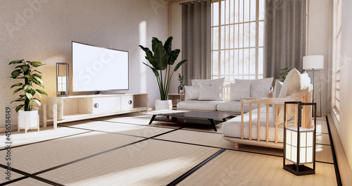 Wooden Arm chair and partition japanese on room tropical interior with tatami mat floor and white wall.3D rendering