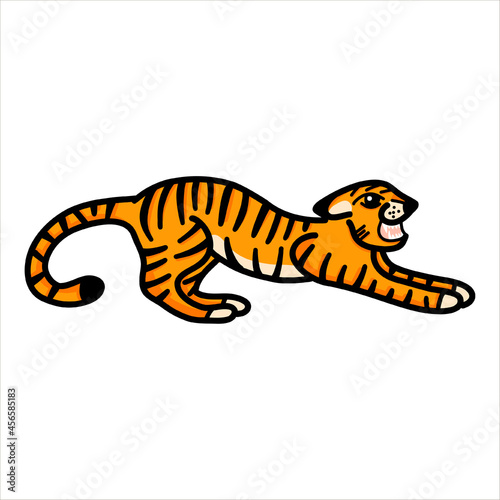 Fototapeta Naklejka Na Ścianę i Meble -  Vector illustration with a wild roaring tiger in cartoon style on a white background. Tiger illustrations for T-shirts, postcards, posters, fabrics