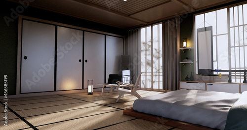 Bed room japanese design on tropical room interior and tatami mat floor. 3D rendering © Interior Design