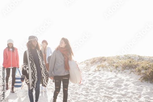 Young adult picnicking friends strolling onto beach, Western Cape, South Africa