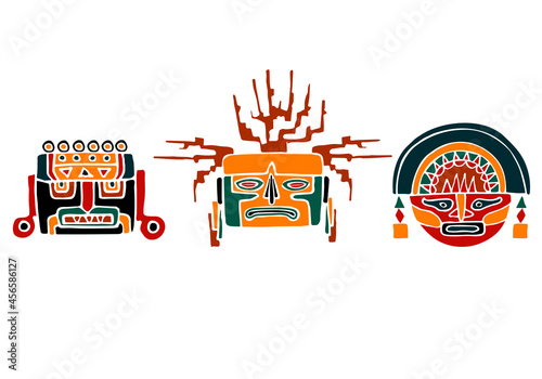 Aztec, Maya Or Inca Traditional Masks. Set With Different Colorful Masks. Hand Drawn Vector Illustration.
