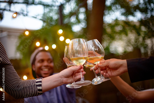 Group of people at garden party, holding wine glasses, making a toast, mid section