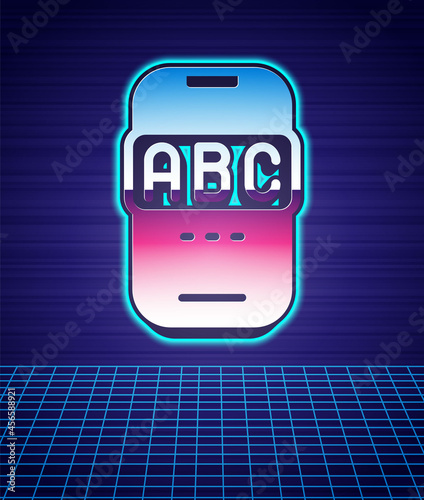 Retro style E-learning of different foreign languages through the mobile application icon isolated futuristic landscape background. 80s fashion party. Vector